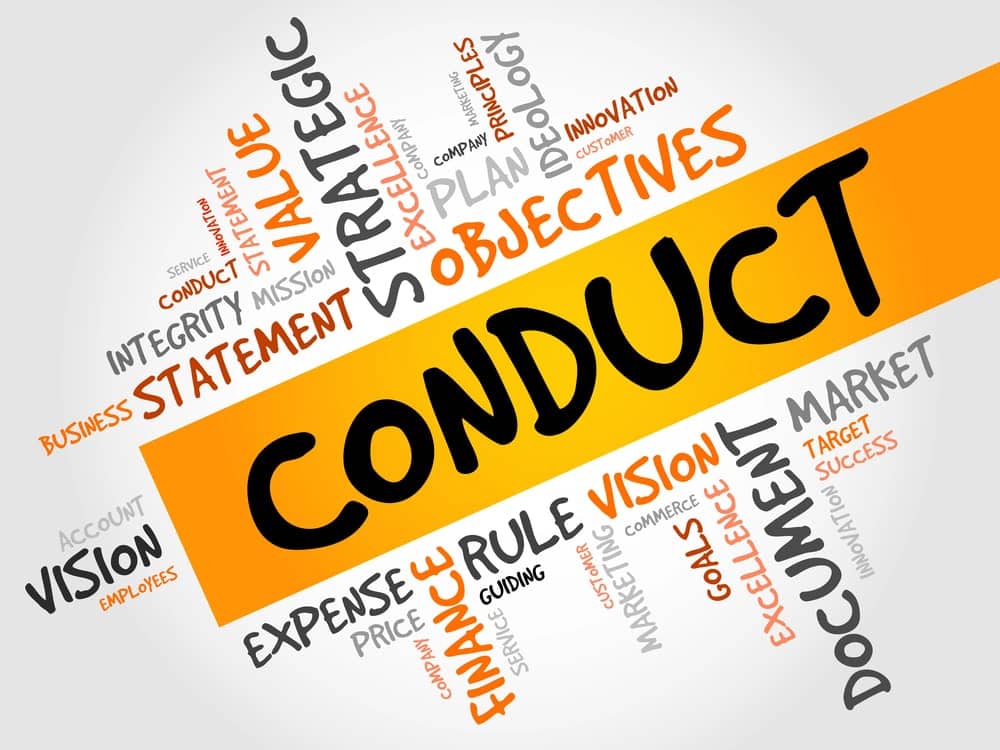 Word cloud of conduct and ethics concepts representing university disciplinary policy.